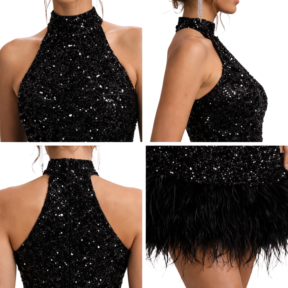 Kleid Damen ärmellos mit Nackenbindung kurzer Länge mit Pailletten