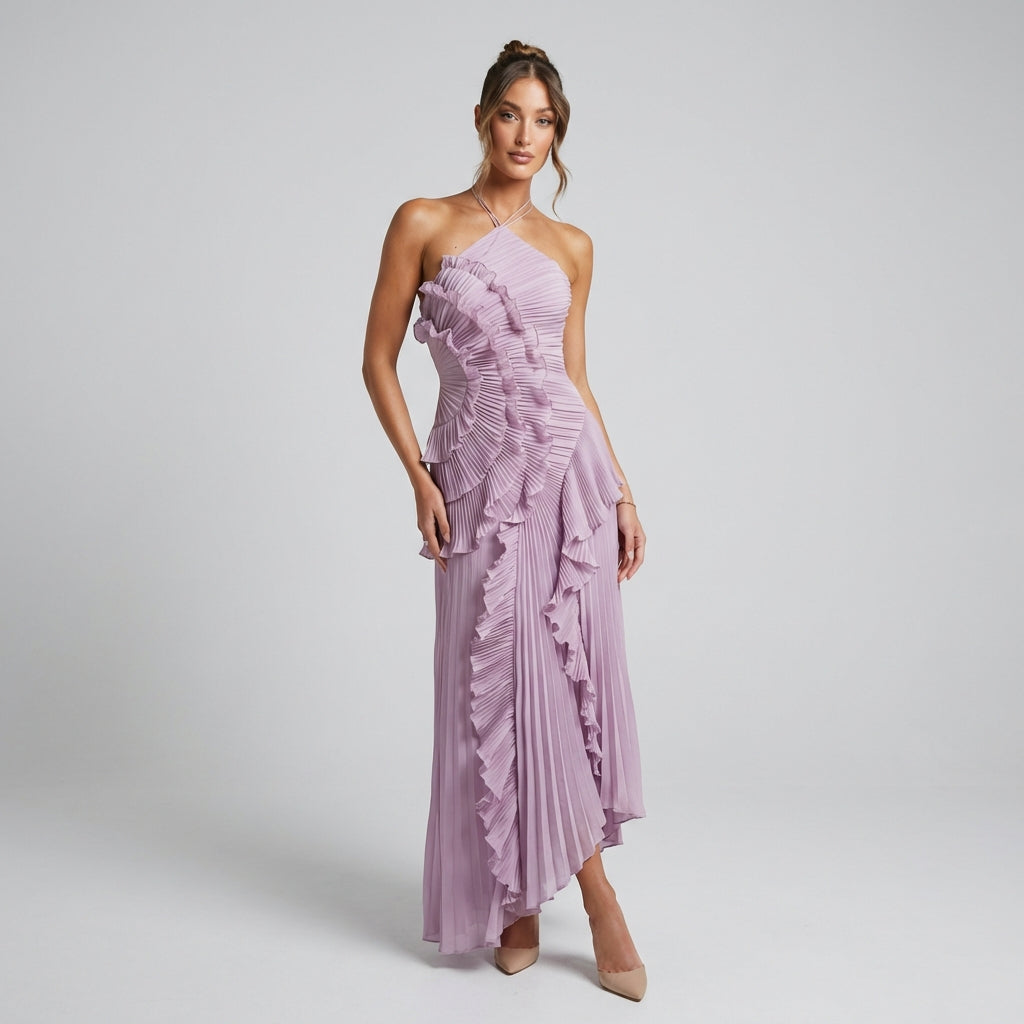 Damen Maxikleid Neckholder Faltenrock Eleganter Sommerstil