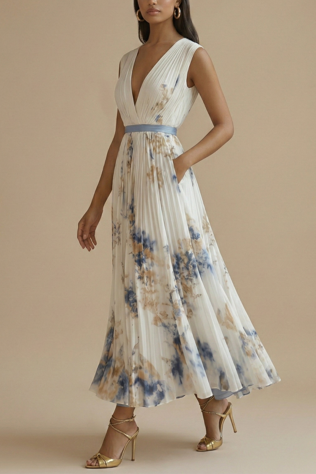 Damen Maxikleid Ärmellos V-Ausschnitt Sommerlicher Stil