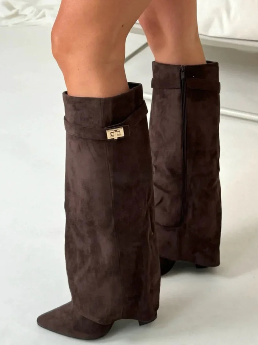 Damenstiefel Damen Veloursoptik mit goldfarbenen Akzenten