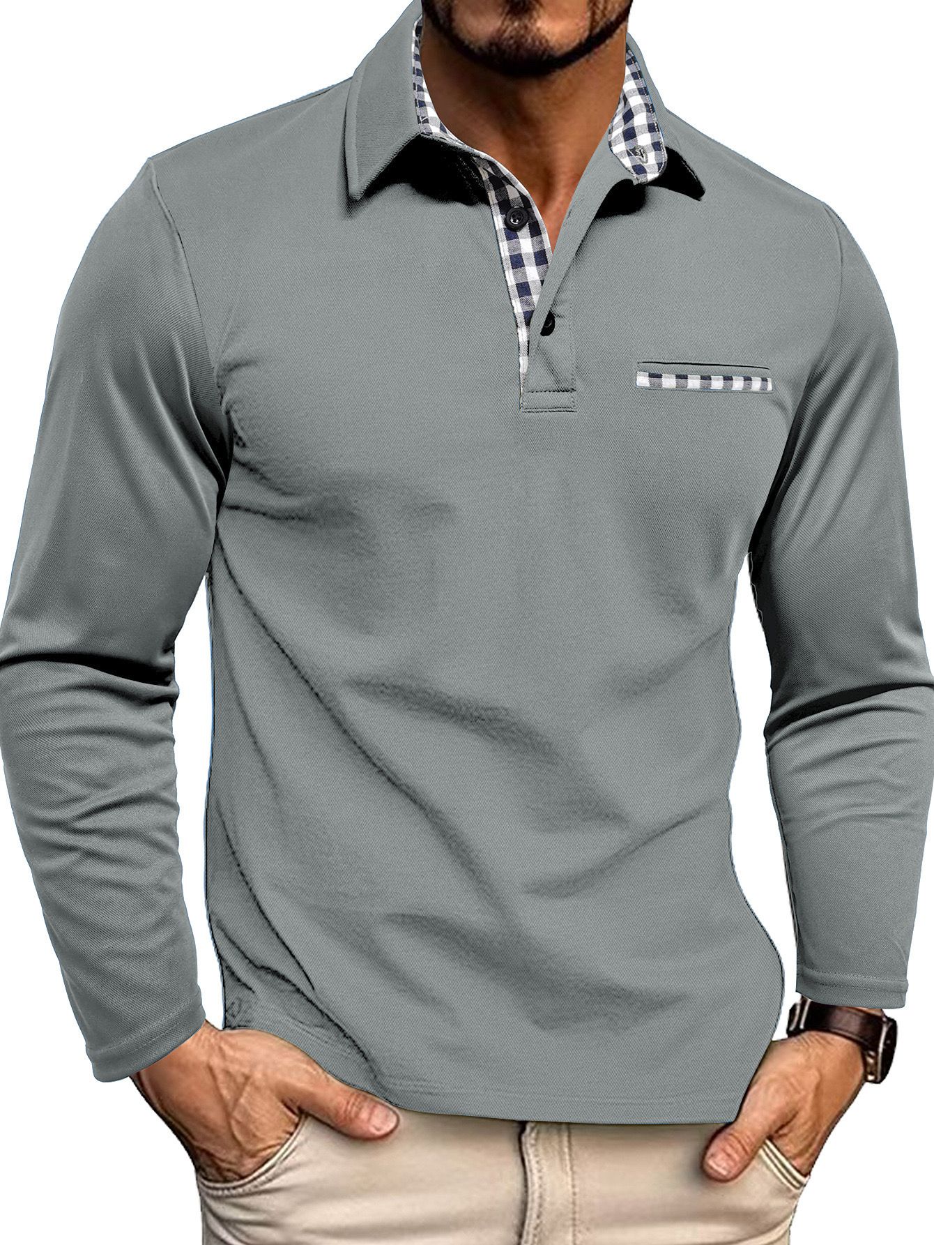 Herren Poloshirt Langarm mit Knopfleiste