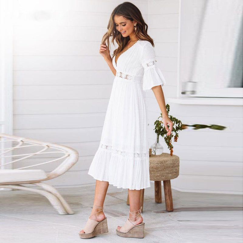 Mittellanges Kleid Damen Normalform V-Ausschnitt Klassisch