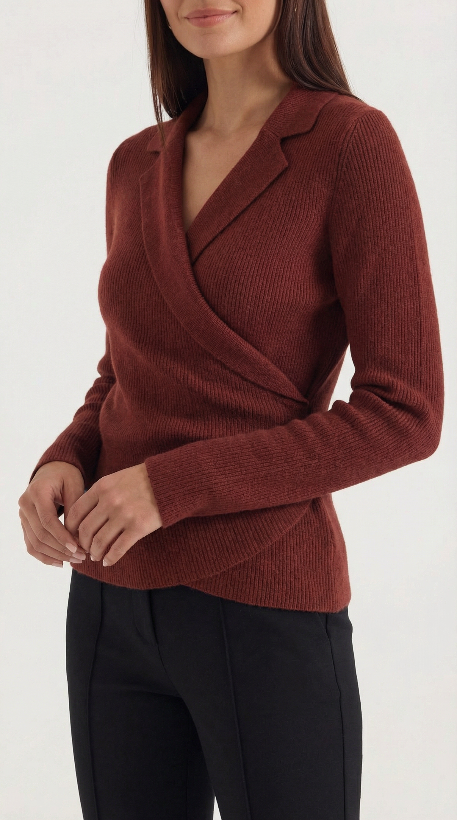 Pullover Damen mit Wickelausschnitt und Kragen