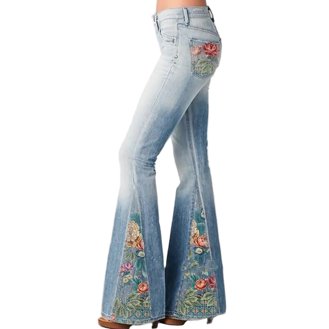 Schlagjeans Damen Blumenstickerei Ausgestellt