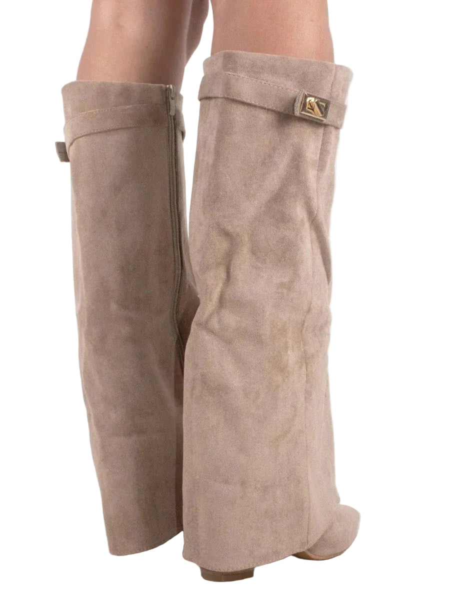 Damenstiefel Damen Veloursoptik mit goldfarbenen Akzenten