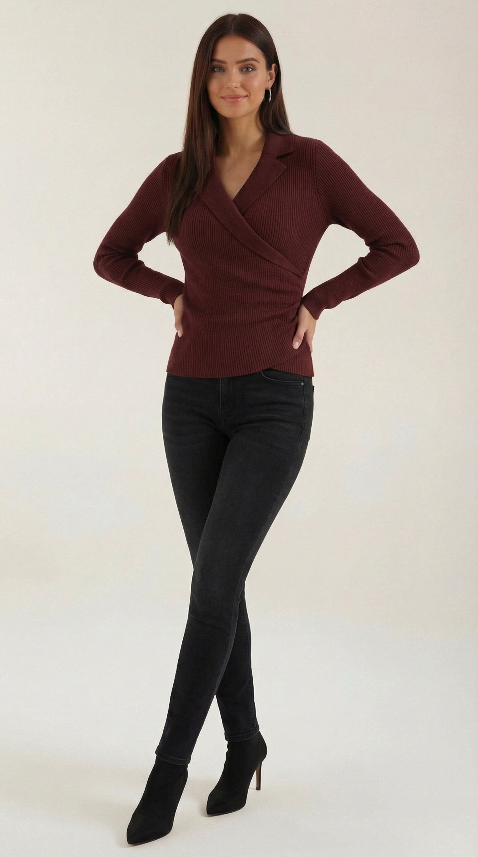 Pullover Damen mit Wickelausschnitt und Kragen