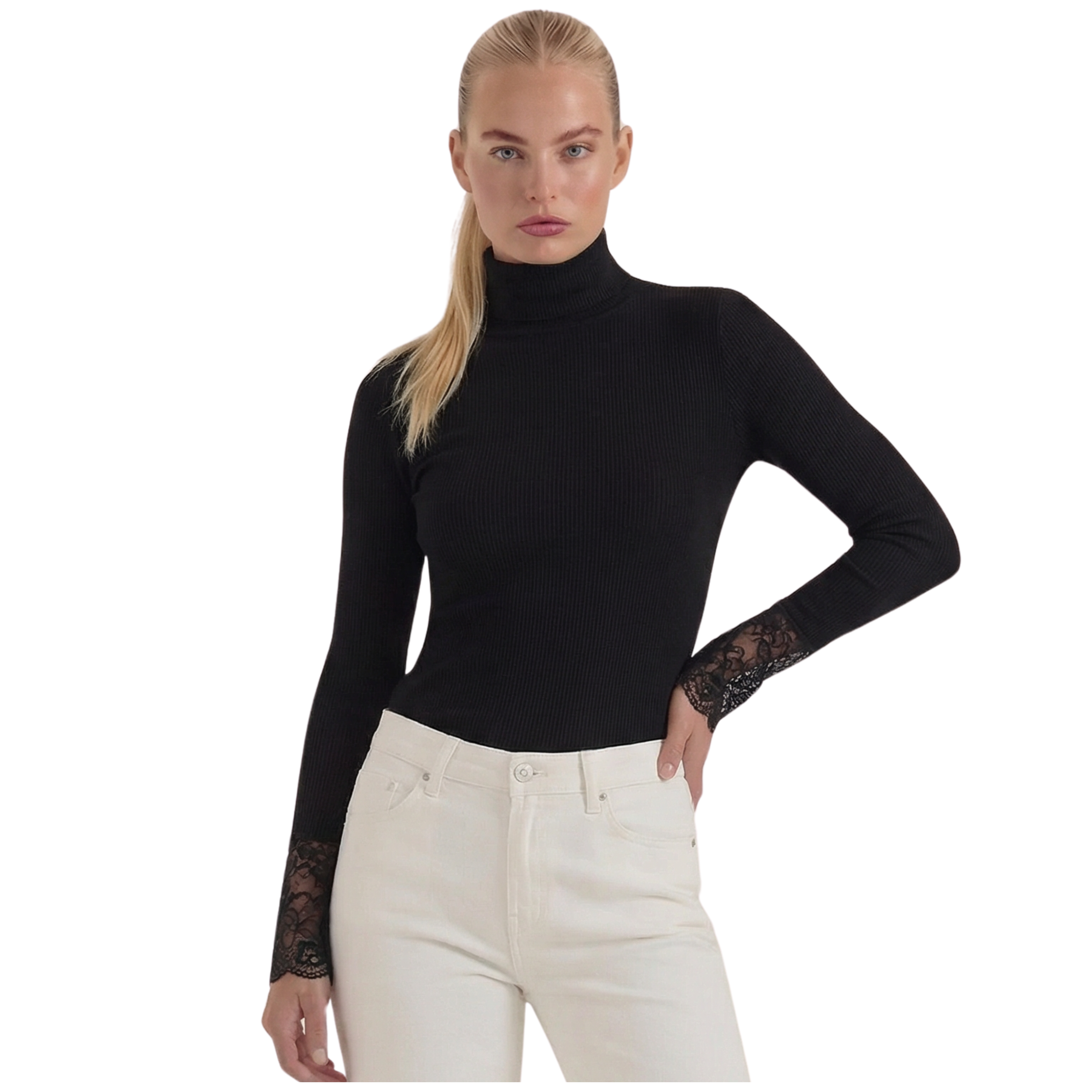 Rollkragenoberteil Damen mit Spitzenbündchen