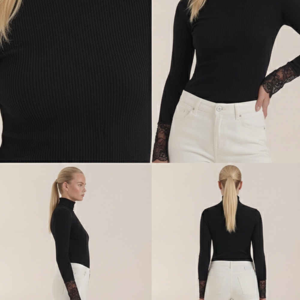 Rollkragenoberteil Damen mit Spitzenbündchen