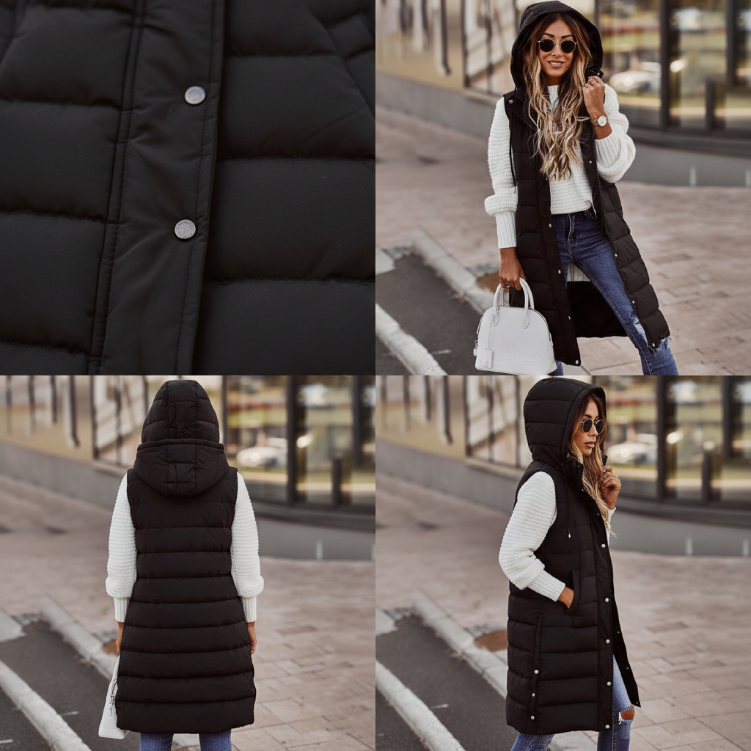 Steppweste Damen Lange Ausführung mit Kapuze und Steppmuster